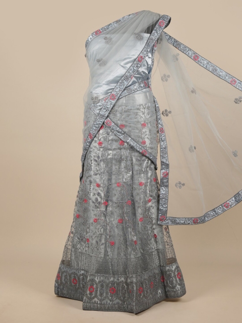 

Pothys Grey & Pink Embroidered Unstitched Lehenga & Blouse With Dupatta