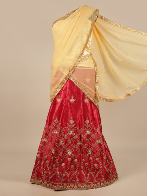 

Pothys Beige & Red Embroidered Unstitched Lehenga & Blouse With Dupatta