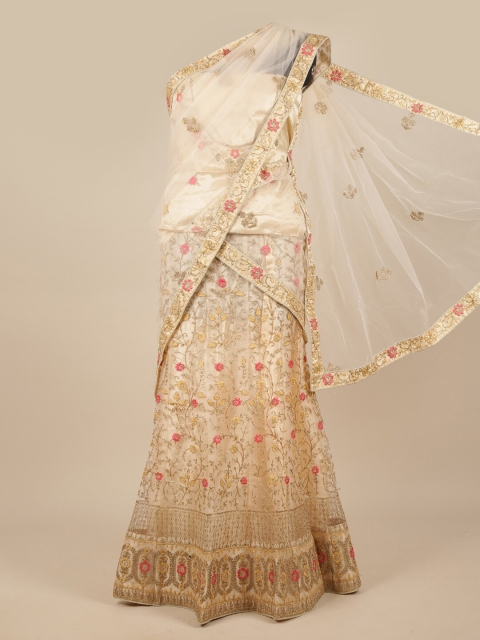 

Pothys Cream-Coloured & Pink Embroidered Unstitched Lehenga & Blouse With Dupatta