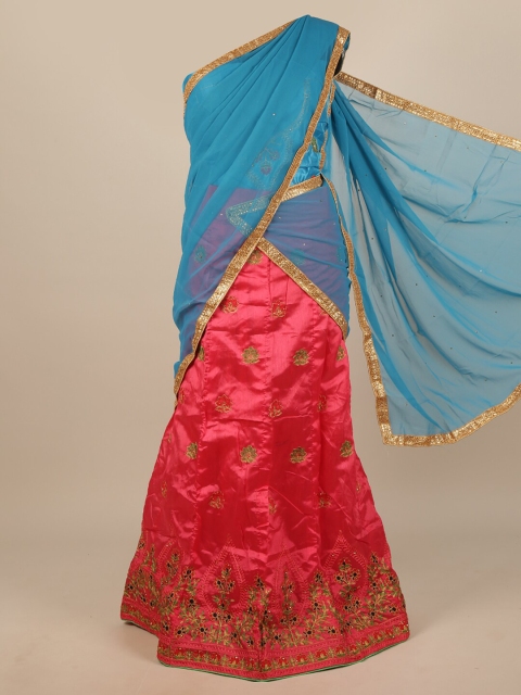 

Pothys Blue & Pink Embroidered Unstitched Lehenga & Blouse With Dhavani