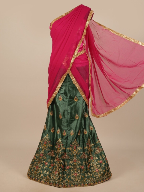 

Pothys Green & Pink Embroidered Unstitched Lehenga & Blouse With Dupatta