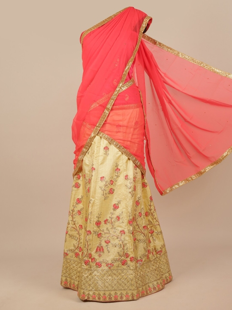 

Pothys Fuchsia & Cream-Coloured Embroidered Unstitched Lehenga & Blouse With Dupatta