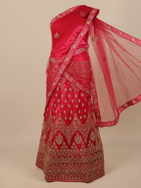 

Pothys Pink & Gold-Toned Embroidered Unstitched Lehenga & Blouse With Dupatta