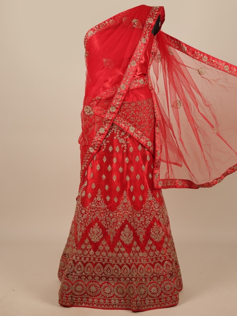 

Pothys Red & Gold-Toned Embroidered Unstitched Lehenga & Blouse With Dupatta