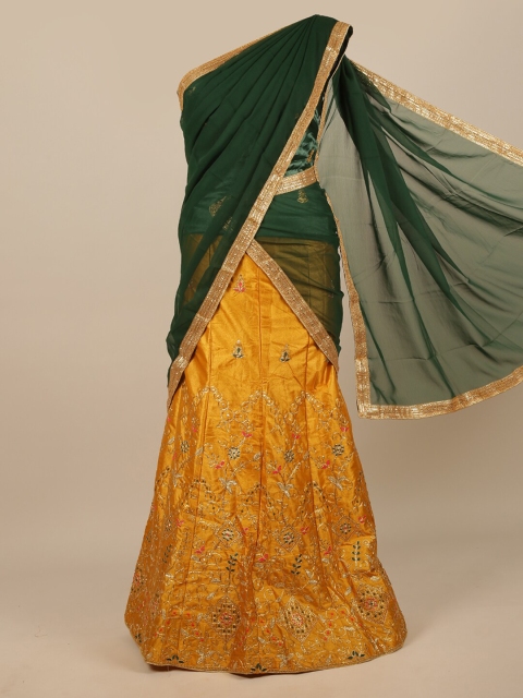 

Pothys Green & Gold-Toned Embroidered Unstitched Lehenga & Blouse With Dupatta