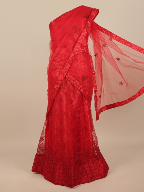 

Pothys Red Embroidered Unstitched Lehenga & Blouse With Dupatta