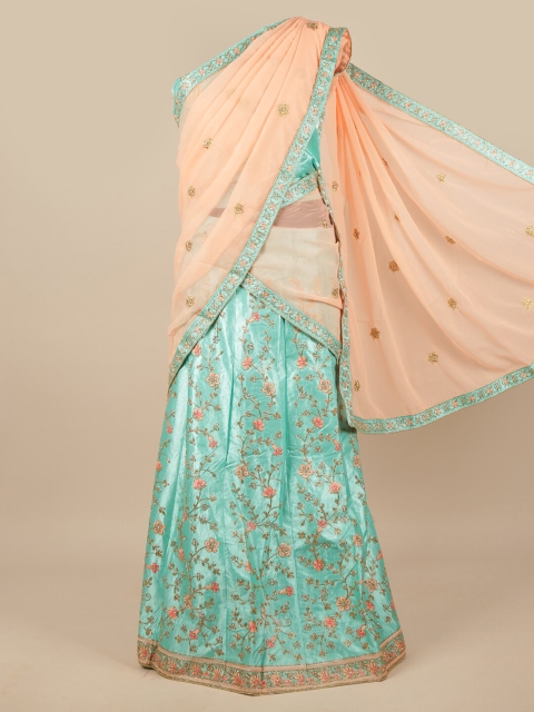 

Pothys Peach-Coloured & Green Embroidered Unstitched Lehenga & Blouse With Dupatta