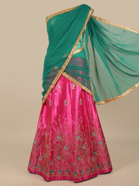 

Pothys Green & Pink Embroidered Unstitched Lehenga & Blouse With Dupatta