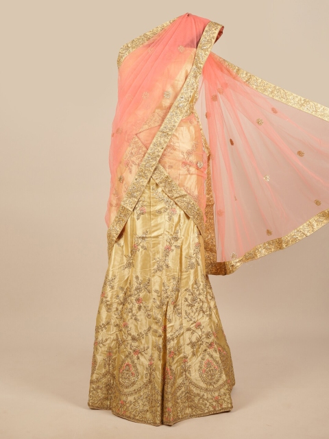 

Pothys Woman Pink & Gold-Toned Embroidered Unstitched Lehenga & Blouse With Dupatta