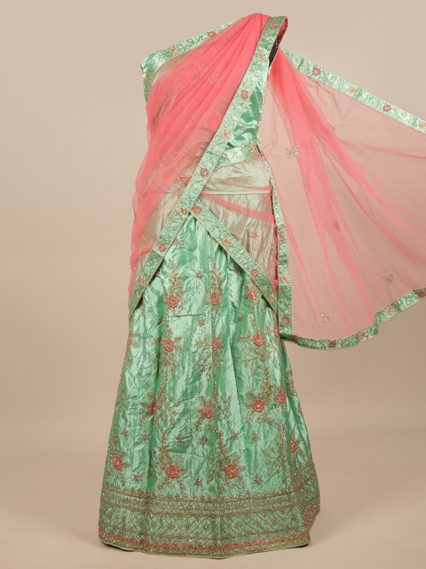 

Pothys Pink & Green Embroidered Unstitched Lehenga & Blouse With Dupatta