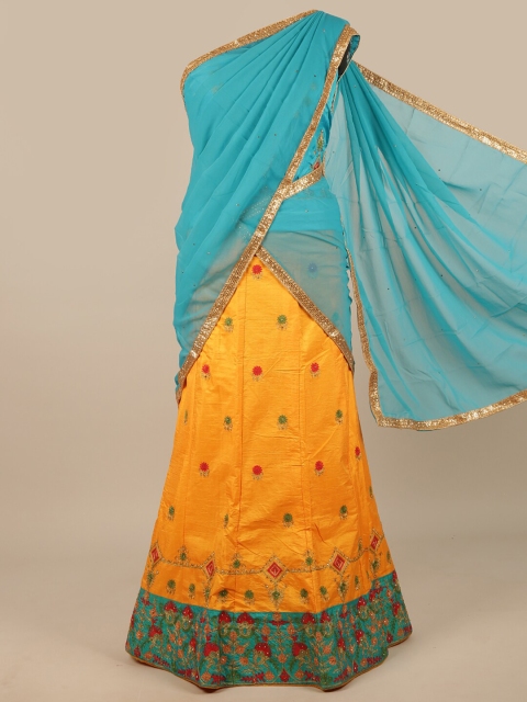 

Pothys Blue & Mustard Embroidered Thread Work Unstitched Lehenga & Blouse With Dupatta