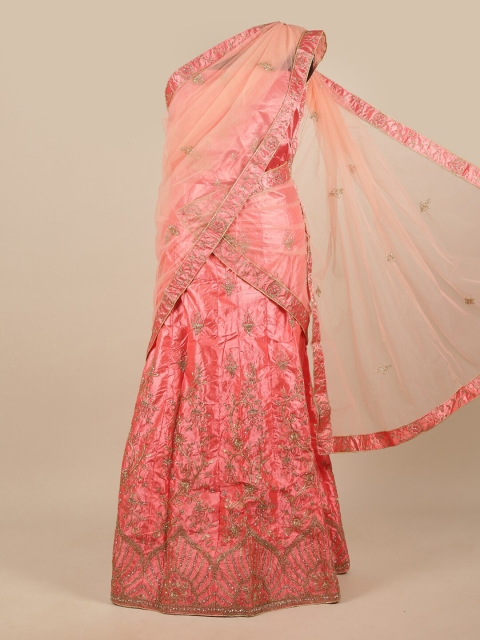 

Pothys Pink & Silver-Toned Embroidered Unstitched Lehenga & Blouse With Dupatta