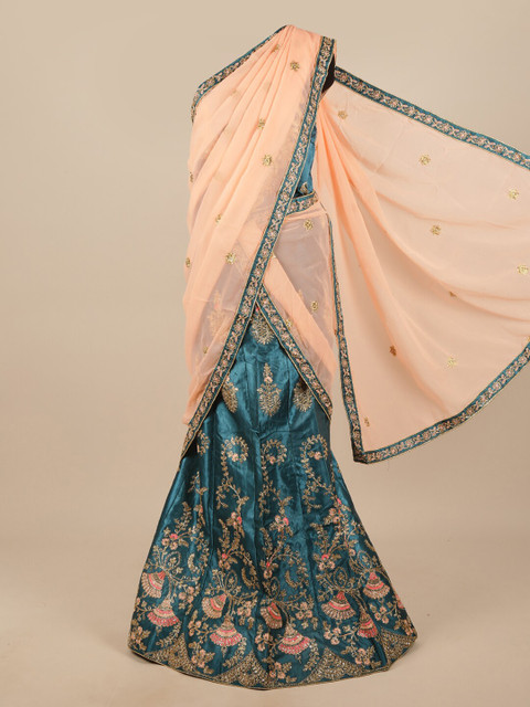 

Pothys Peach-Coloured & Blue Embellished Unstitched Lehenga & Blouse With Dhavani