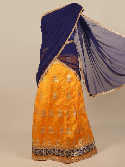 

Pothys Navy Blue & Yellow Embroidered Unstitched Lehenga & Blouse With Dupatta