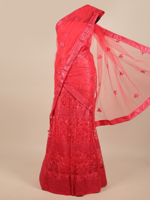 

Pothys Pink Embroidered Sequinned Unstitched Lehenga & Blouse With Dupatta
