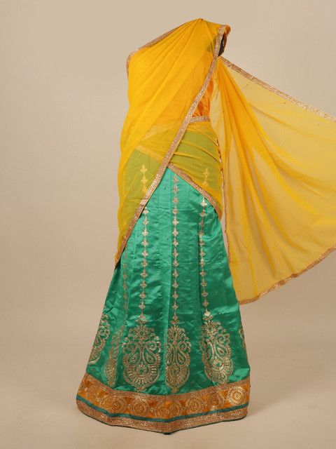 

Pothys Yellow & Green Embroidered Unstitched Lehenga & Blouse With Dupatta