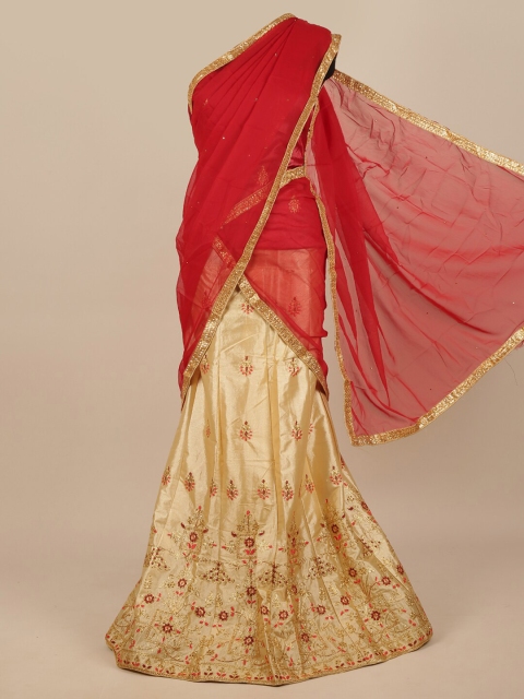 

Pothys Red & Beige Embroidered Thread Work Unstitched Lehenga & Blouse With Dupatta