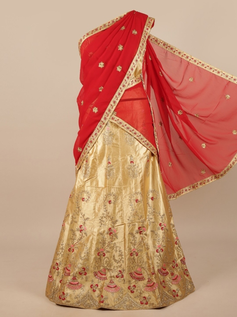 

Pothys Woman Red & Beige Embroidered Unstitched Lehenga & Blouse With Dupatta