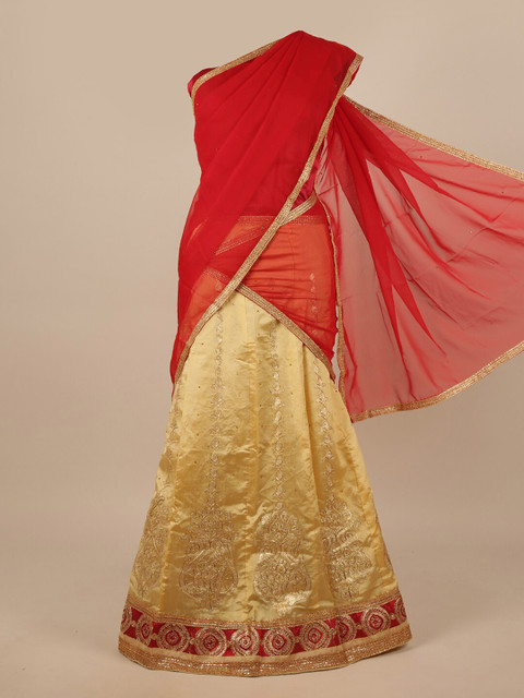 

Pothys Red & Cream-Coloured Embroidered Unstitched Lehenga & Blouse With Dupatta