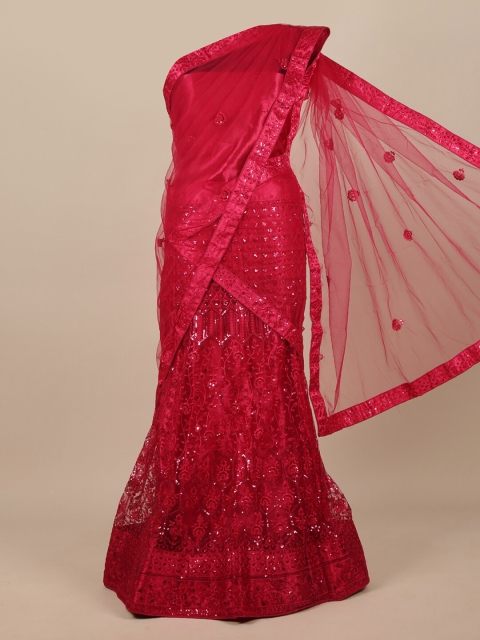 

Pothys Magenta & Silver-Toned Embroidered Unstitched Lehenga & Blouse With Dupatta