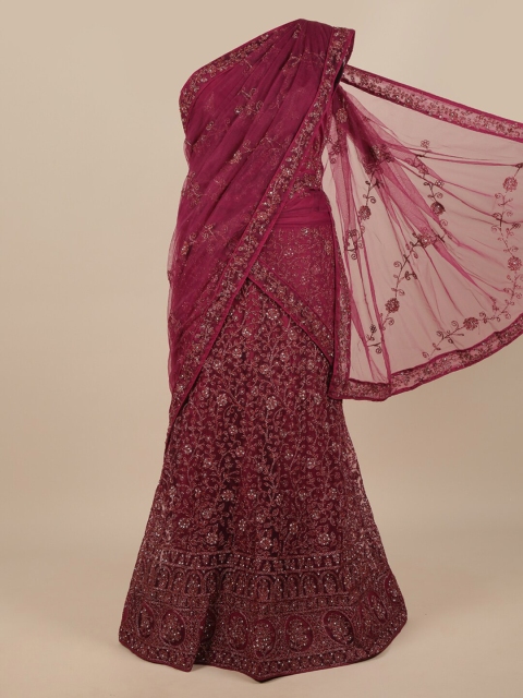

Pothys Magenta & Gold-Toned Embroidered Unstitched Lehenga & Blouse With Dupatta