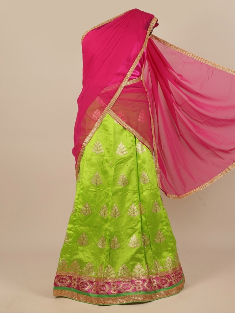 

Pothys Pink & Green Embroidered Unstitched Lehenga & Blouse With Dupatta