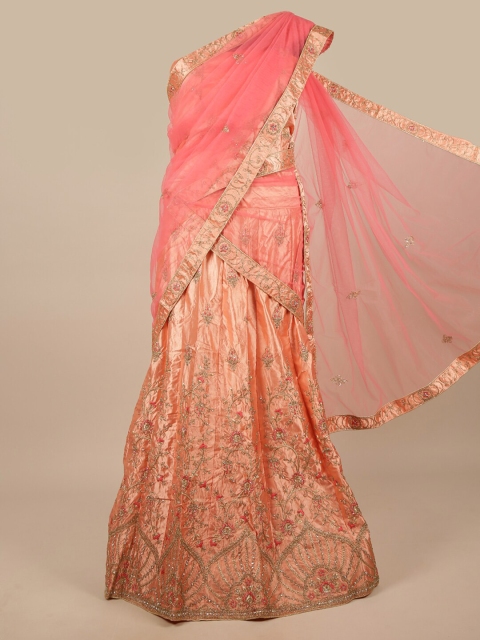 

Pothys Peach-Coloured & Orange Embellished Unstitched Lehenga & Blouse With Dupatta