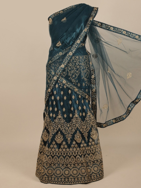 

Pothys Teal & Gold-Toned Embroidered Unstitched Lehenga & Blouse With Dupatta