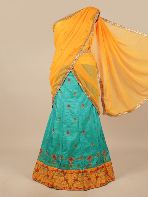 

Pothys Yellow & Turquoise Blue Embellished Unstitched Lehenga & Blouse With Dupatta