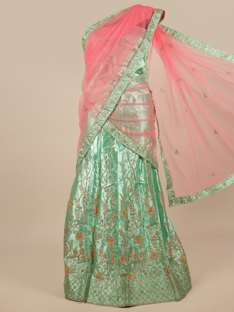 

Pothys Women Pink & Green Embroidered Unstitched Lehenga Choli With Dupatta