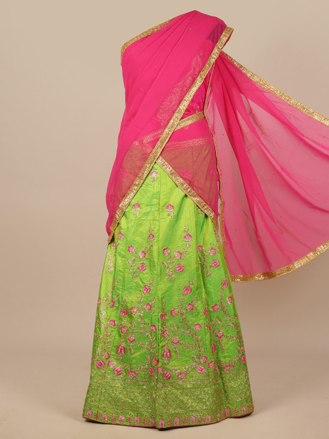 

Pothys Pink & Green Embroidered Unstitched Lehenga & Blouse With Dupatta