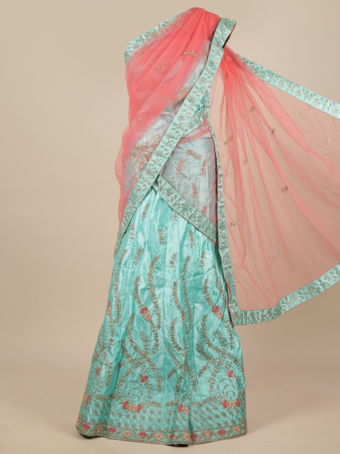 

Pothys Pink & Blue Embroidered Unstitched Net Lehenga & Blouse With Dhavani