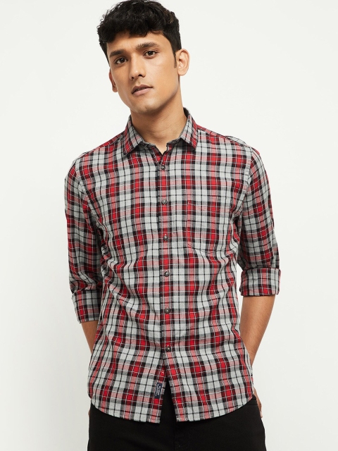 

max Men Grey Tartan Checks Opaque Checked Casual Shirt