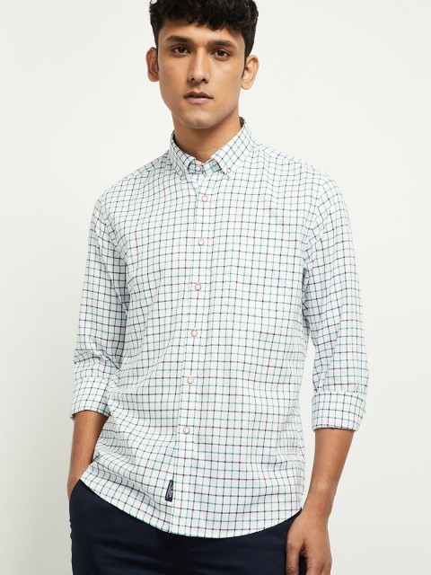 

max Men White Grid Tattersall Checks Pure Cotton Casual Shirt