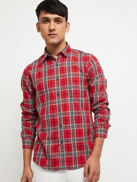 

max Men Red & Black Tartan Checks Opaque Checked Pure Cotton Casual Shirt