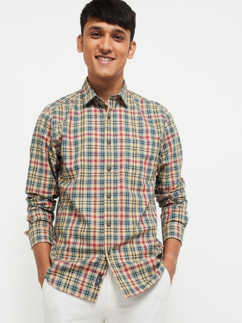 

max Men Khaki Tartan Checks Opaque Checked Casual Shirt