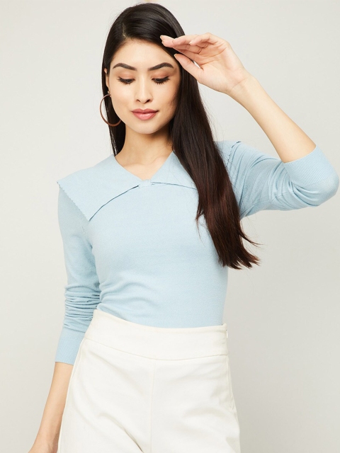 

CODE by Lifestyle Blue Solid Fitted Top with Peter Pan Collar