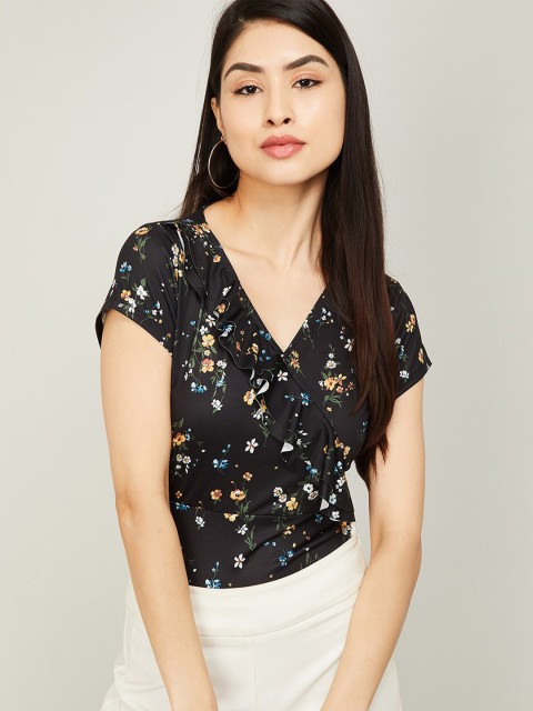 

CODE by Lifestyle Black & Cream-Coloured Floral Printed Wrap Top
