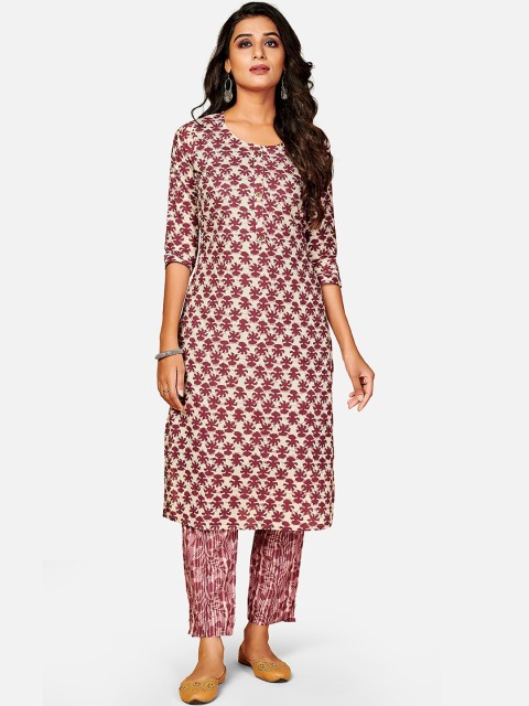 

Vbuyz Women Maroon Floral Printed Regular Thread Work Pure Cotton Kurta with Trousers