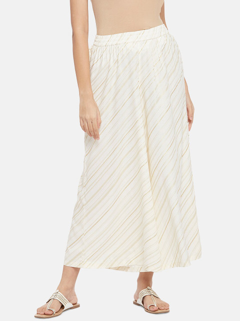 

RANGMANCH BY PANTALOONS Women Off White & Gold-Toned Striped Ethnic Palazzos