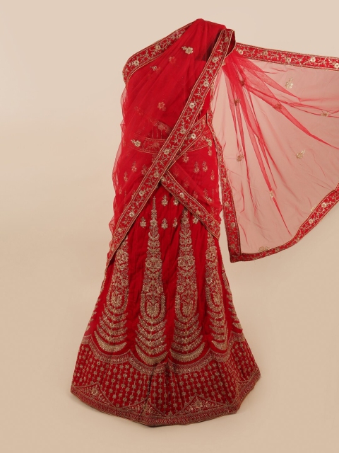 

Pothys Red & Gold-Toned Embroidered Unstitched Lehenga & Blouse With Dupatta