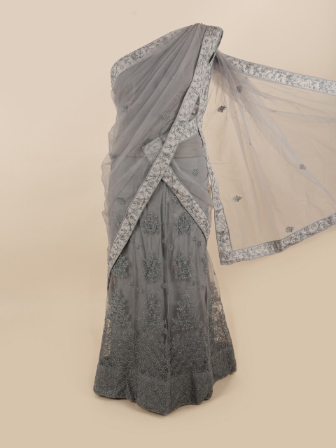 

Pothys Grey & Silver-Toned Embroidered Thread Work Unstitched Lehenga & Blouse With Dupatta