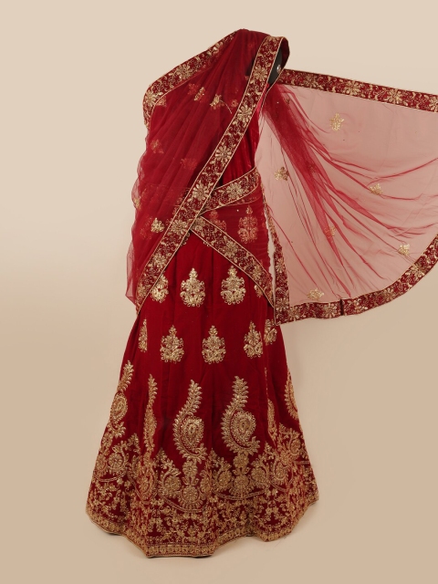 

Pothys Maroon & Gold-Toned Embroidered Thread Work Unstitched Lehenga & Blouse With Dupatta