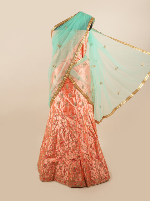 

Pothys Women Blue & Orange Embroidered Unstitched Lehenga Choli With Dupatta