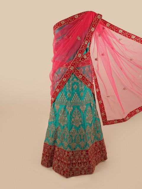 

Pothys Pink & Green Embroidered Unstitched Lehenga & Blouse With Dupatta