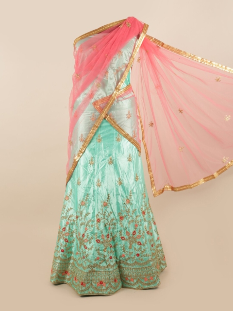 

Pothys Pink & Sea Green Embroidered Khari Print Unstitched Lehenga & Blouse With Dupatta