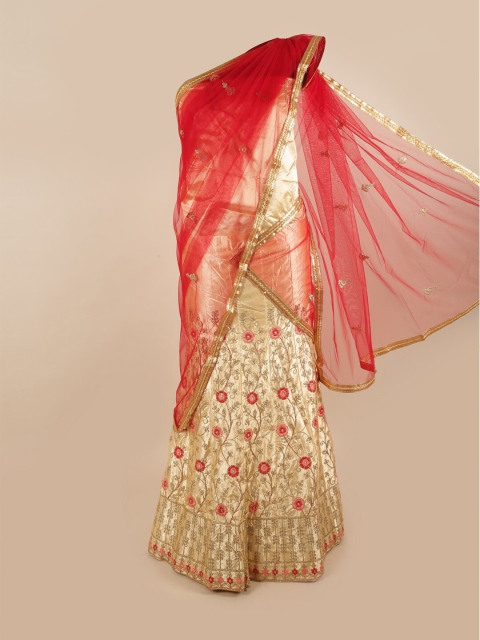 

Pothys Red & Cream-Coloured Embroidered Unstitched Lehenga & Blouse With Dupatta