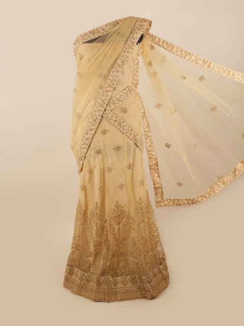 

Pothys Cream-Coloured & Gold-Toned Embroidered Unstitched Net Lehenga Blouse & Dhavani