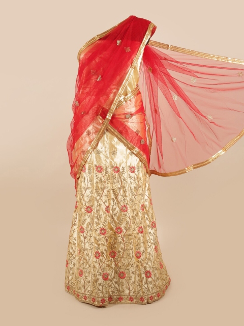 

Pothys Red & Cream-Coloured Embroidered Zardozi Unstitched Lehenga & Blouse With Dupatta