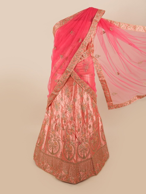 

Pothys Pink & Gold-Toned Embroidered Unstitched Lehenga & Blouse With Dupatta